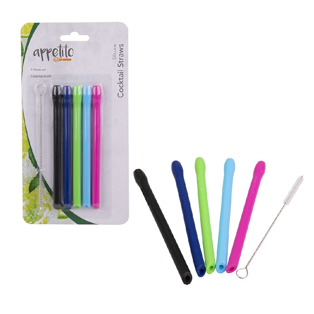   Silicone Cocktail Straws Set 5 w/ Brush Asst. Colours