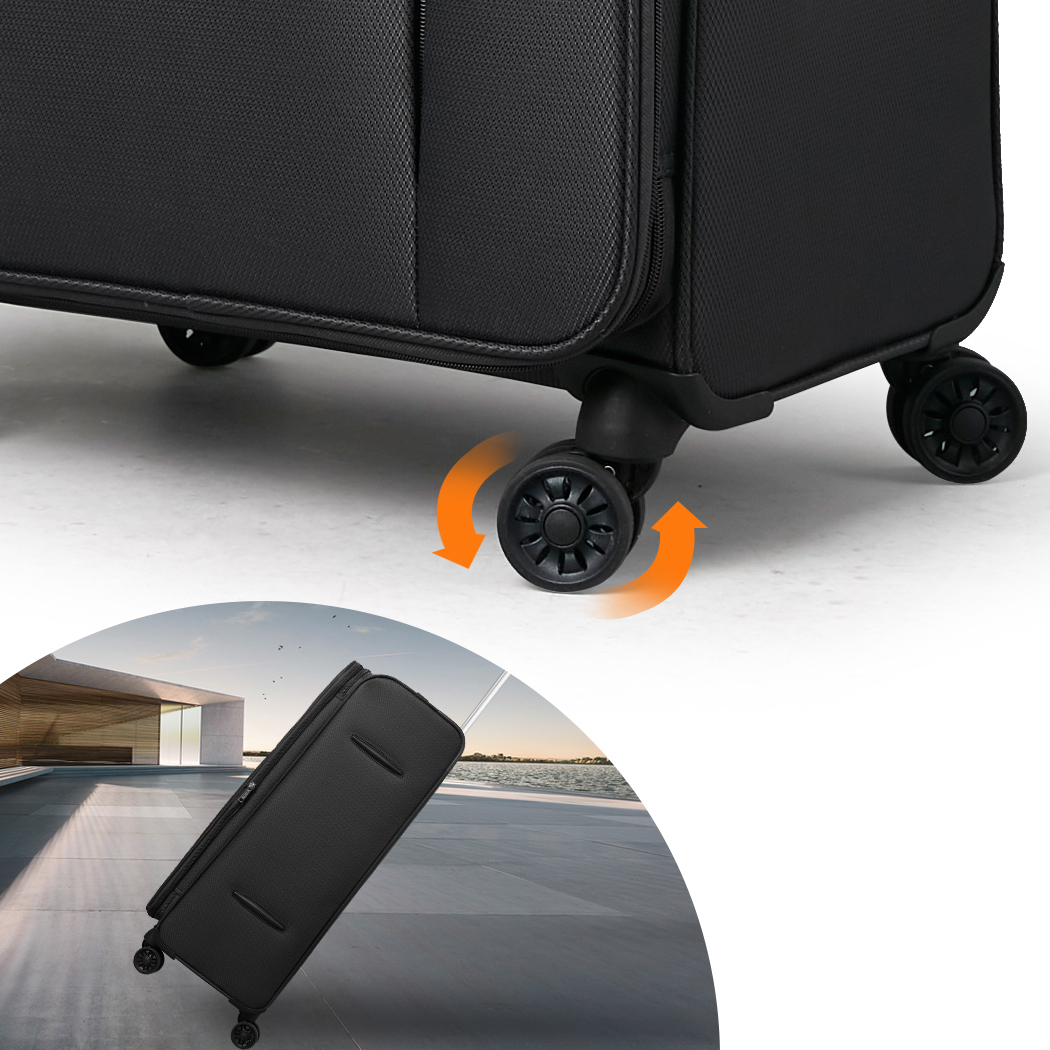   Conwwod SureLite 3pc 8 Wheels Soft Trolley Suitcase Black