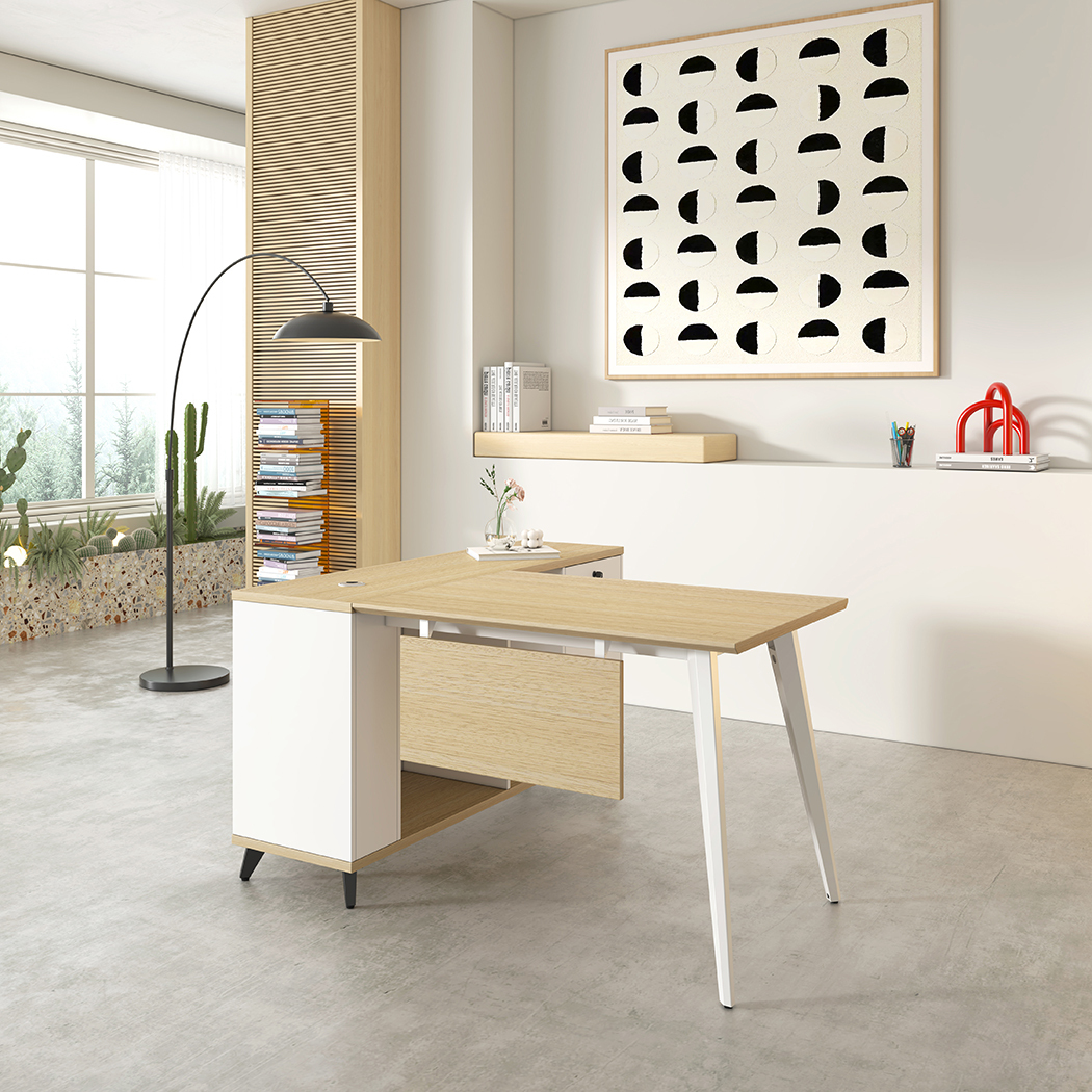   Esma 1.4m L-shaped Executive Desk Rhine Light Oak and White  