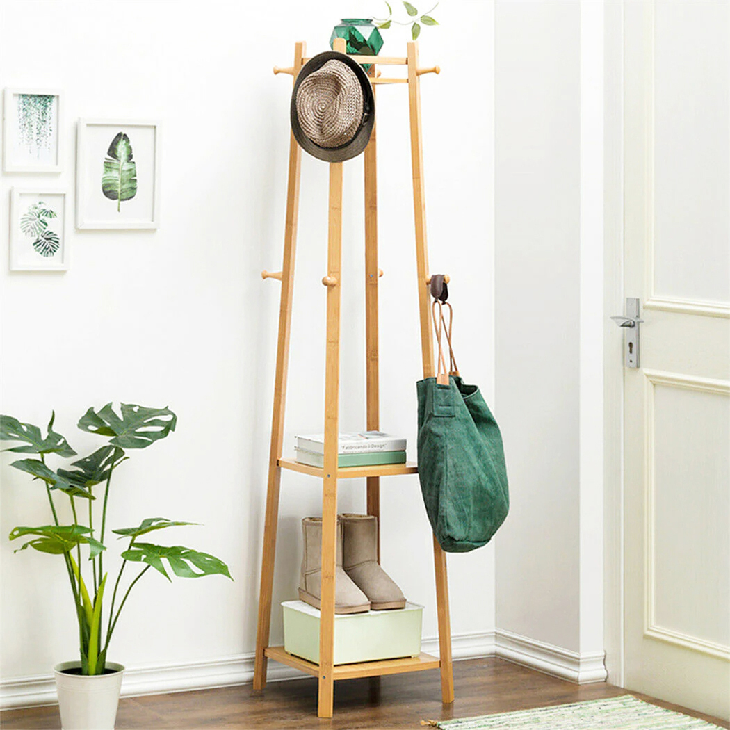   Colin Bamboo Coat Rack with Storage Shelves Natural