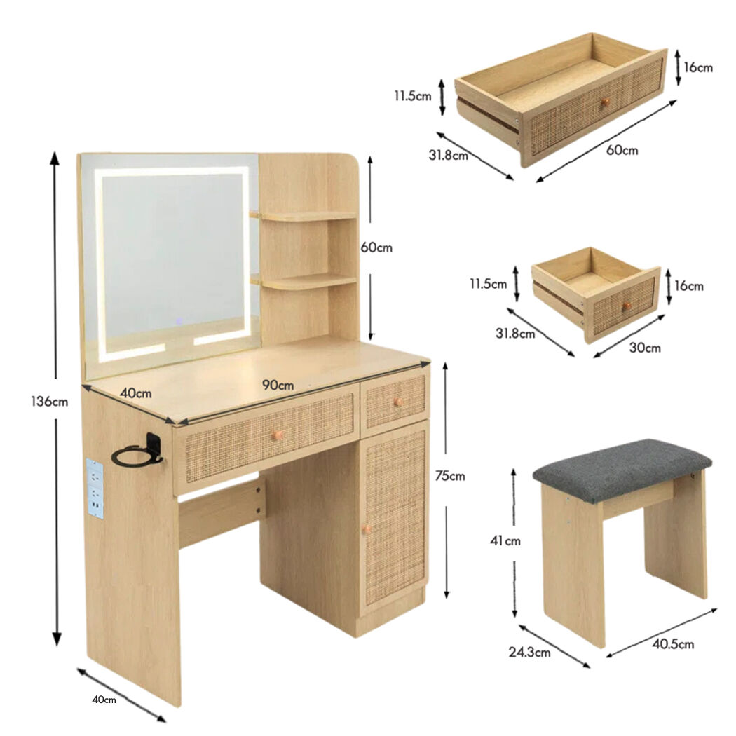   Luna Natural Rattan Dressing Table with LED Mirror & Stool Set
