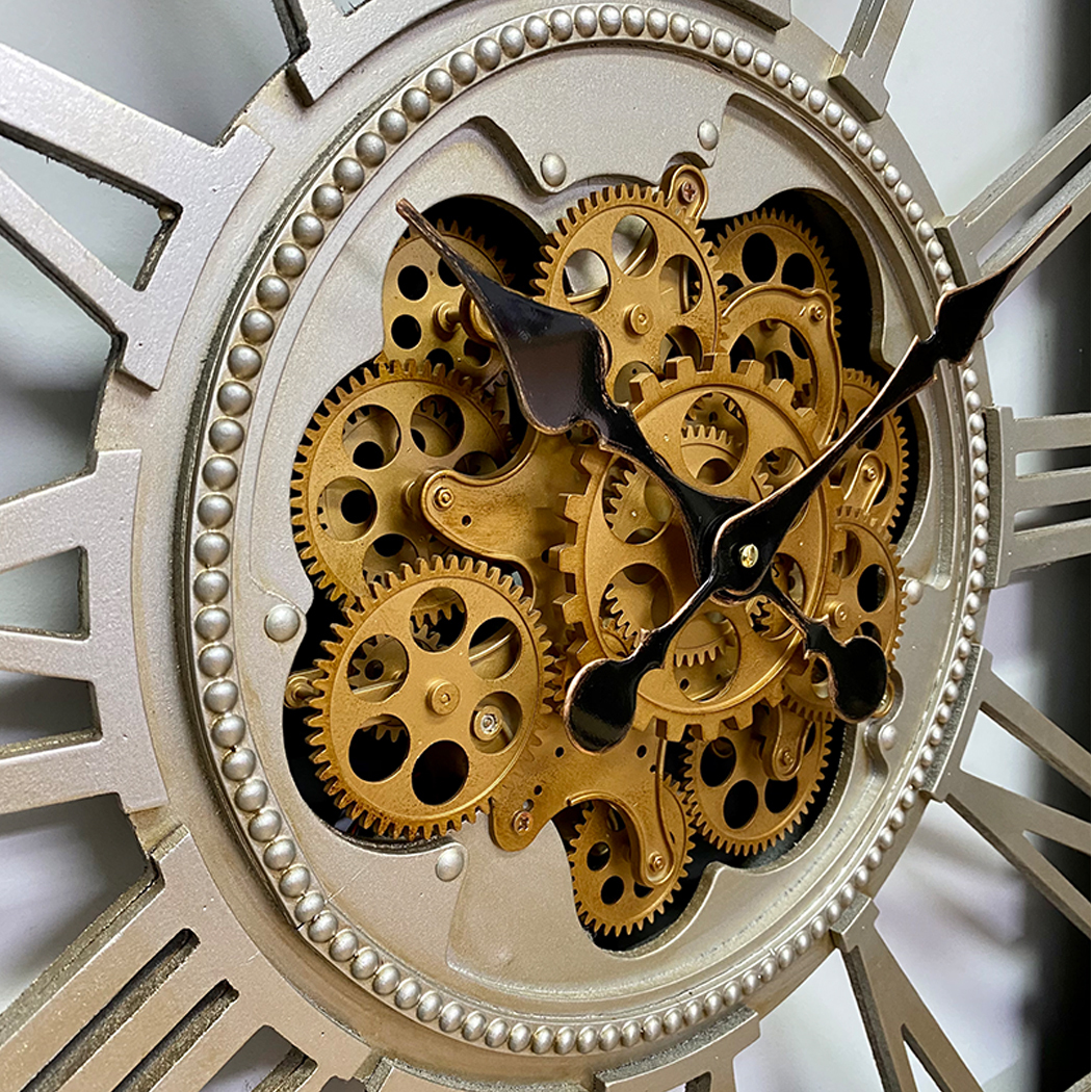   Metal Extra Large Square Moving Gears Wall Clock Silver 80cm