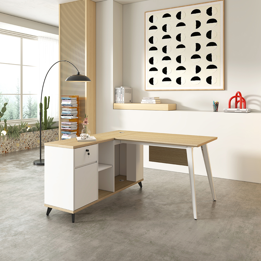   Esma 1.4m L-shaped Executive Desk Rhine Light Oak and White  
