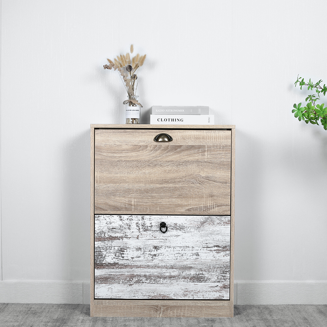   Set of 2 Luka 2 Drawer Shoe Cabinet White Washed and Oak