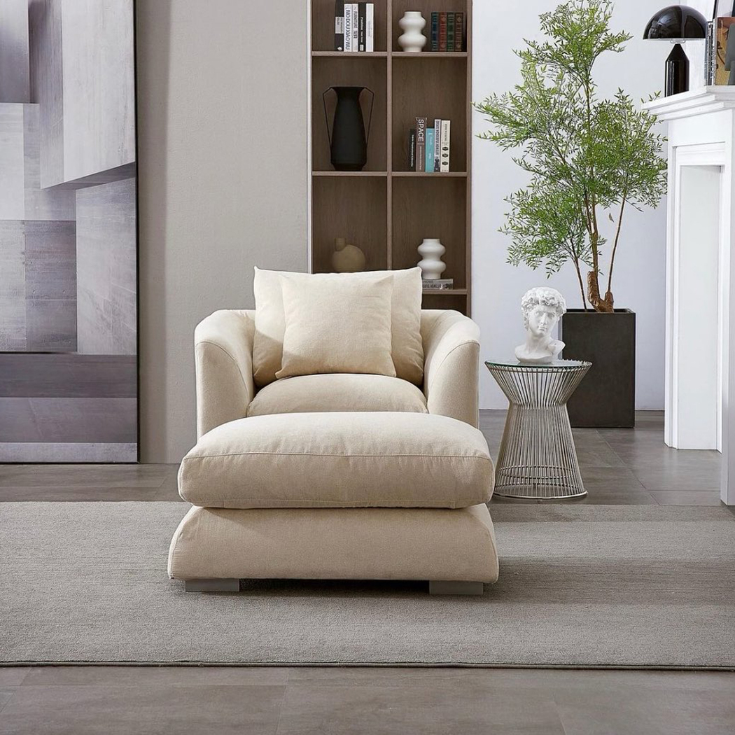   Harmony Fabric Single Sofa with Ottoman Cream