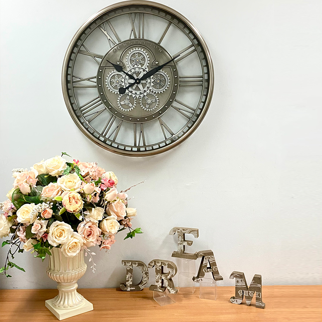   Round Industrial Silver Wash Iron Moving Gears Wall Clock 70cm
