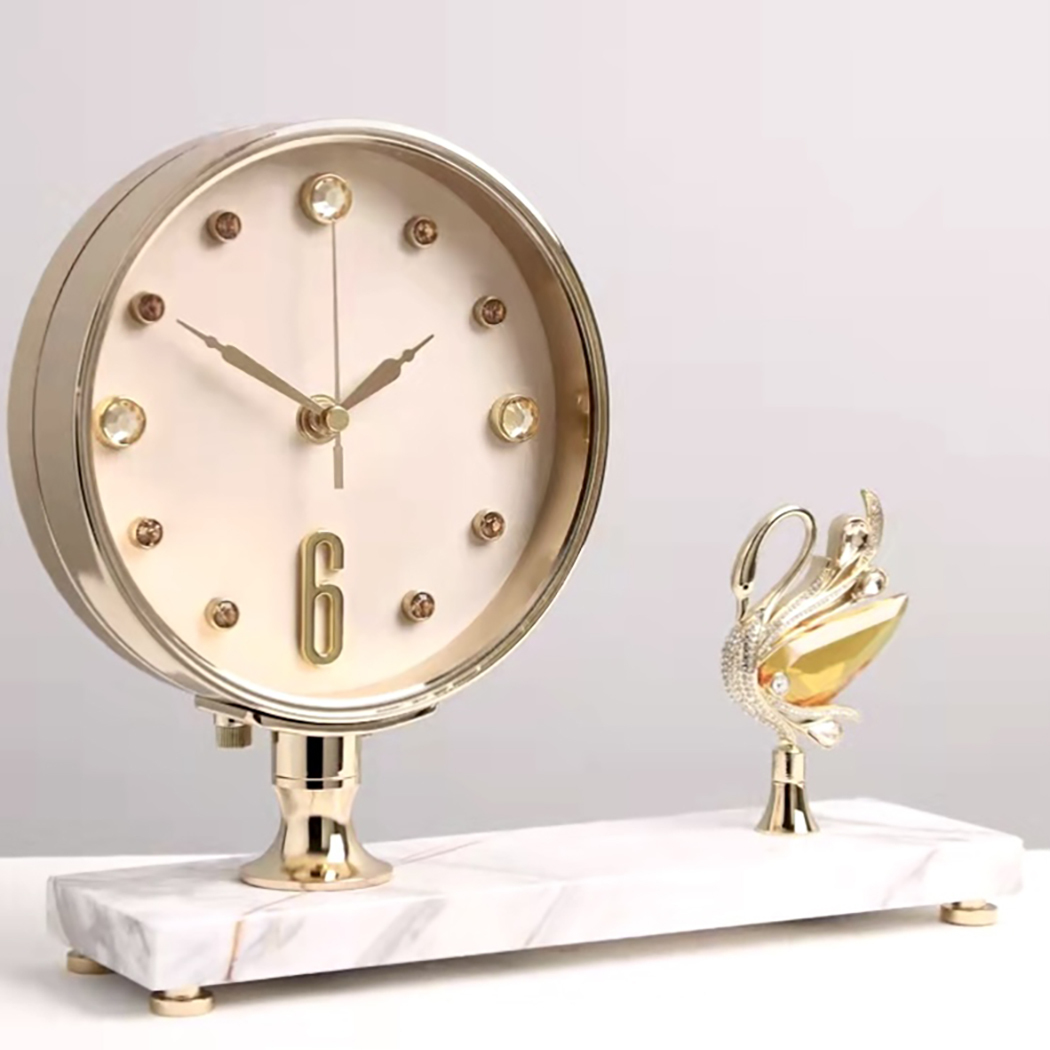   Crystal Swan Gold Metal Table Clock Marble White
