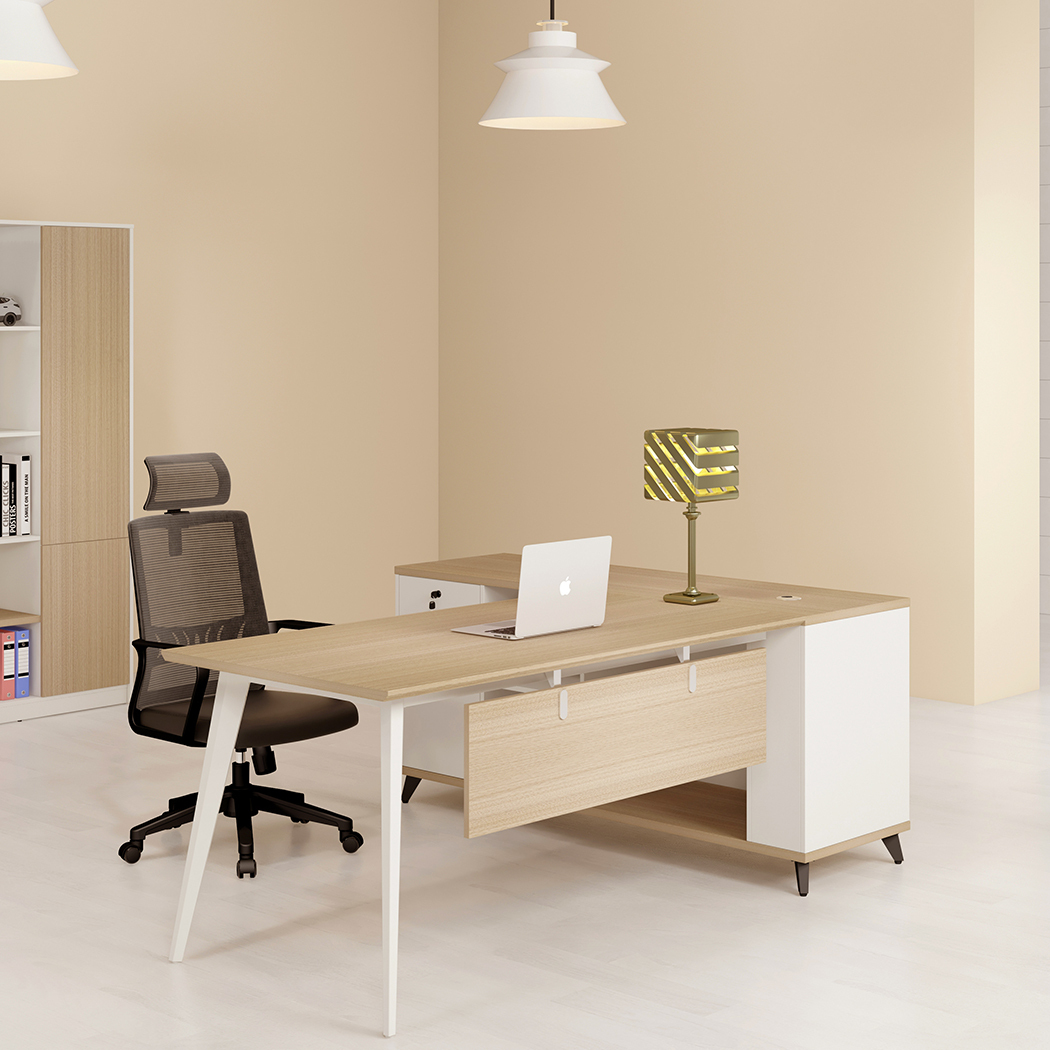   Esma 1.4m L-shaped Executive Desk Rhine Light Oak and White  