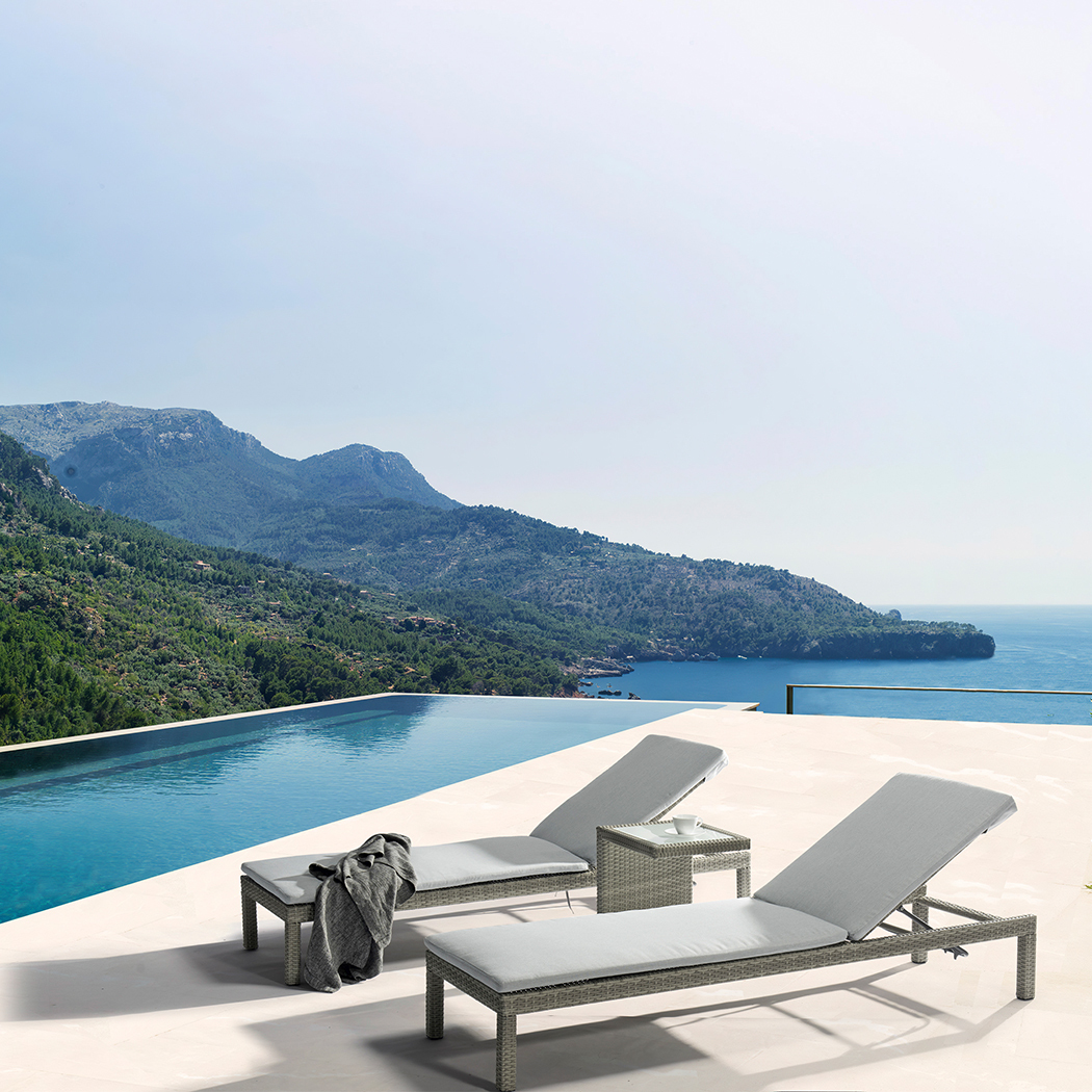   Arthur Outdoor Rattan Sun Lounges Set w/ Side Tables Grey (Set of 2)