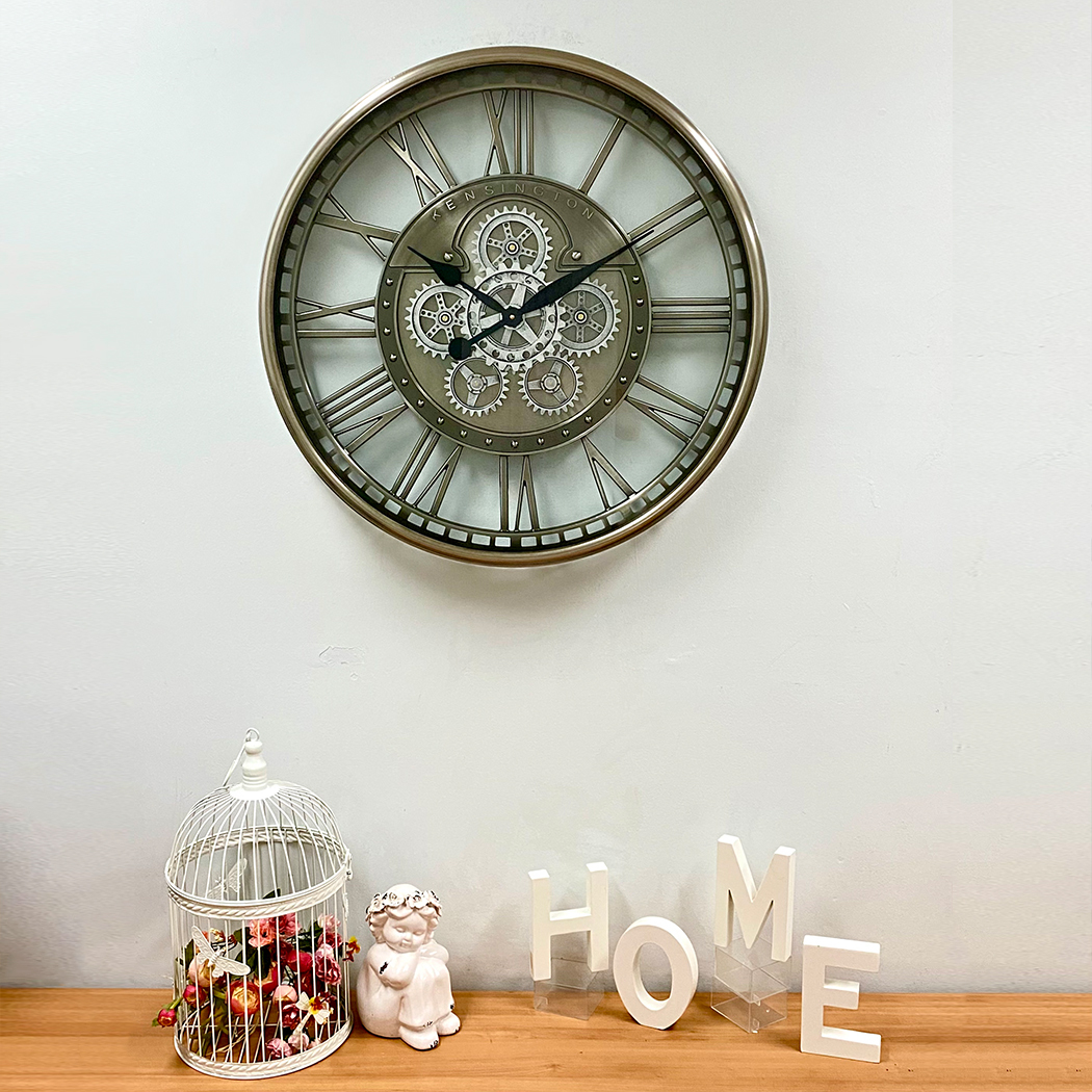   Round Industrial Silver Wash Iron Moving Gears Wall Clock 70cm