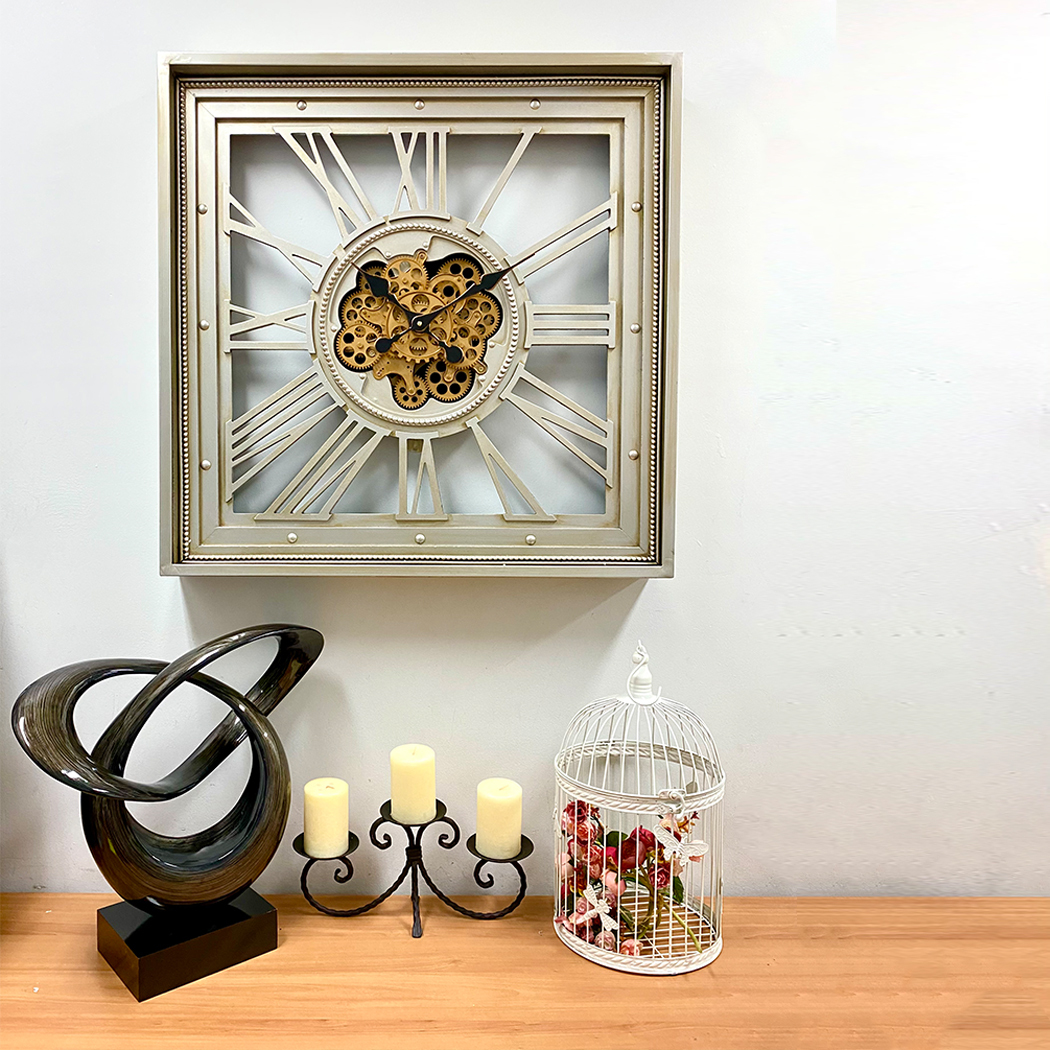   Metal Extra Large Square Moving Gears Wall Clock Silver 80cm