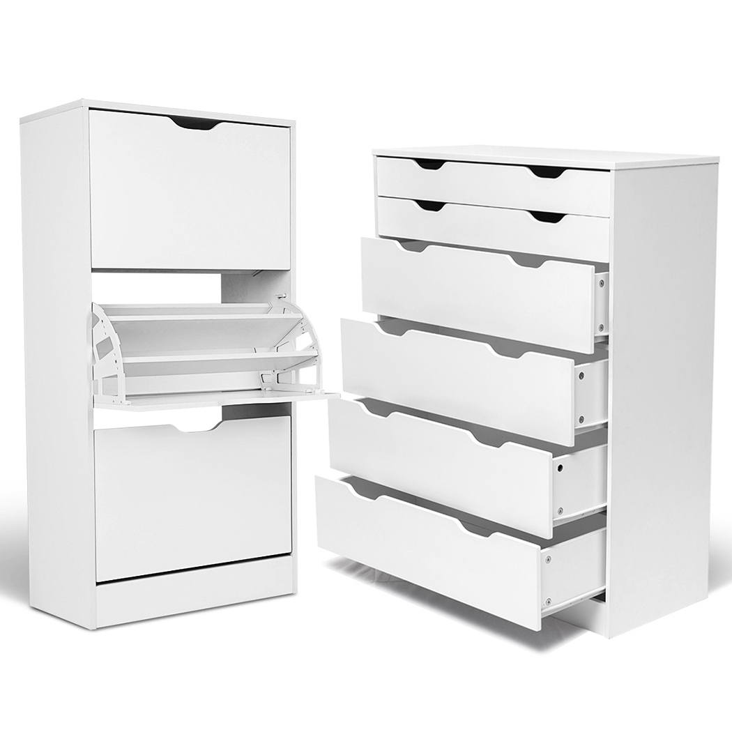 Wooden Chest of Drawers and Shoe Cabinet Set White
