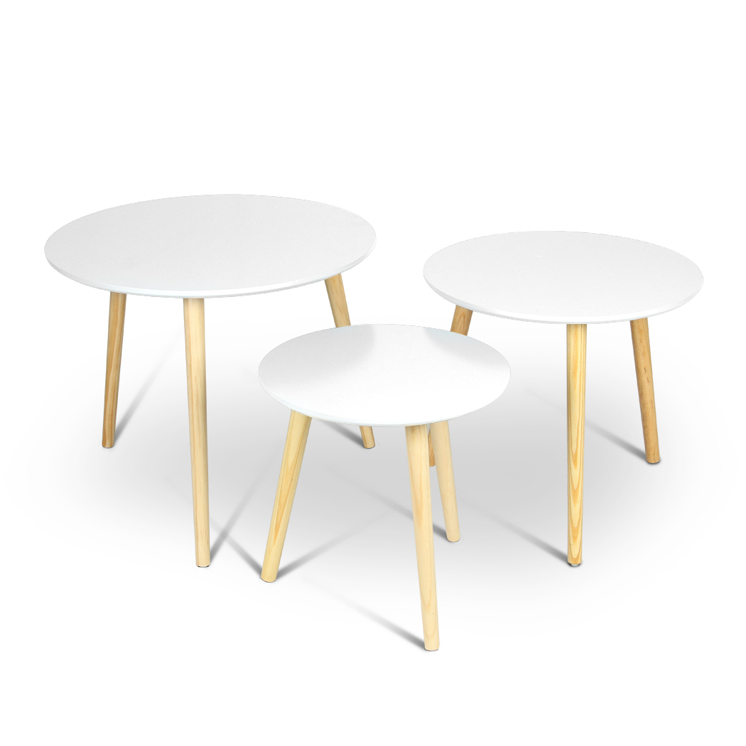 Aura 3 Piece Round Wood Coffee Table Set White