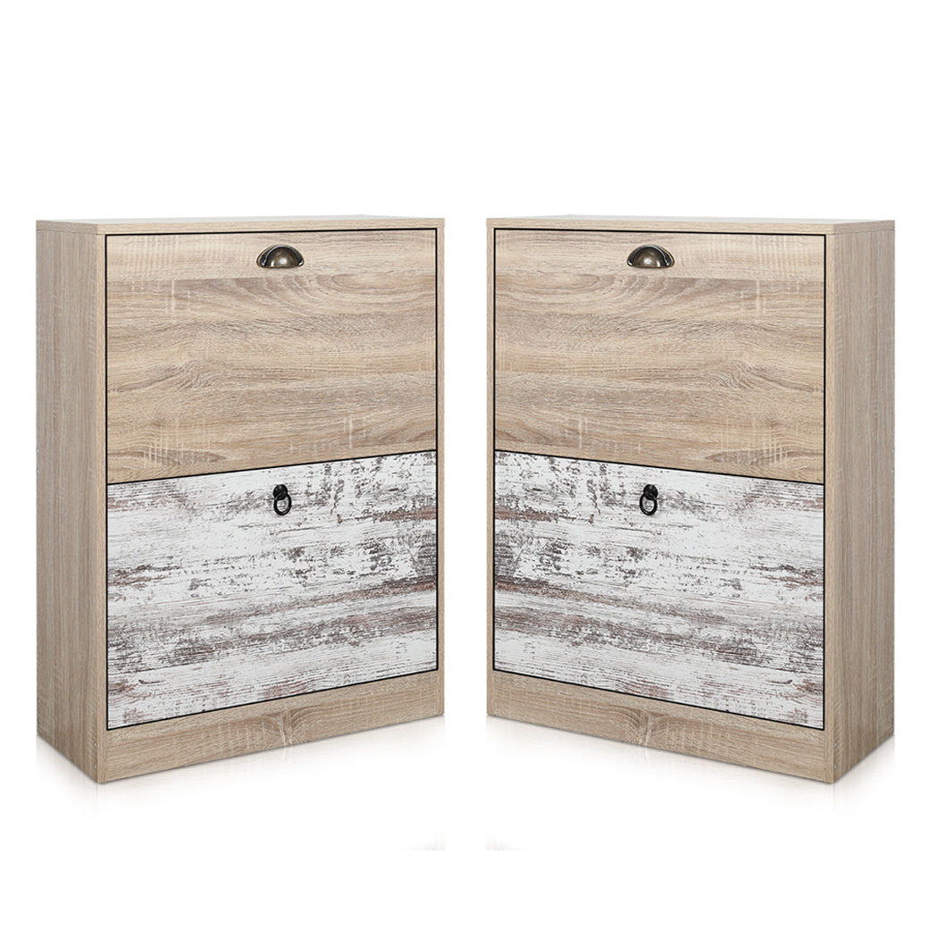 Set of 2 Luka 2 Drawer Shoe Cabinet White Washed and Oak