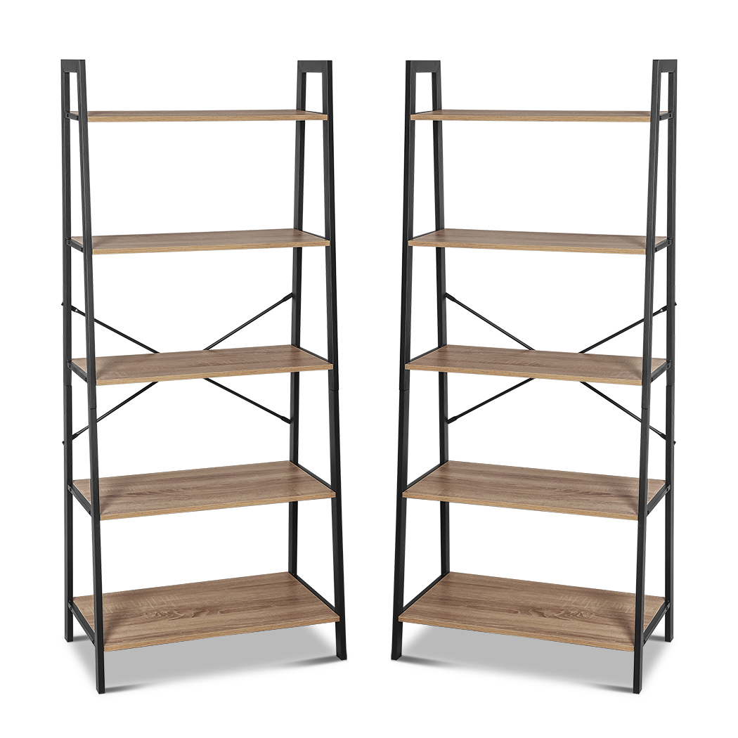 Set of 2 Rome Industrial Style 5 Tier Ladder Shelf Oak