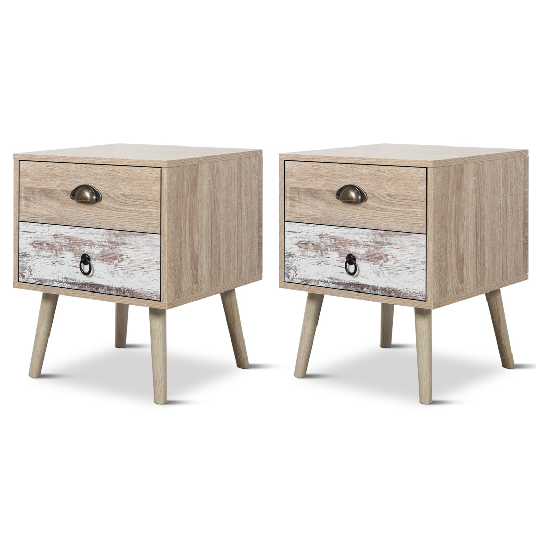 Set of 2 Luka 2 Drawer Bedside Table White Washed and Oak