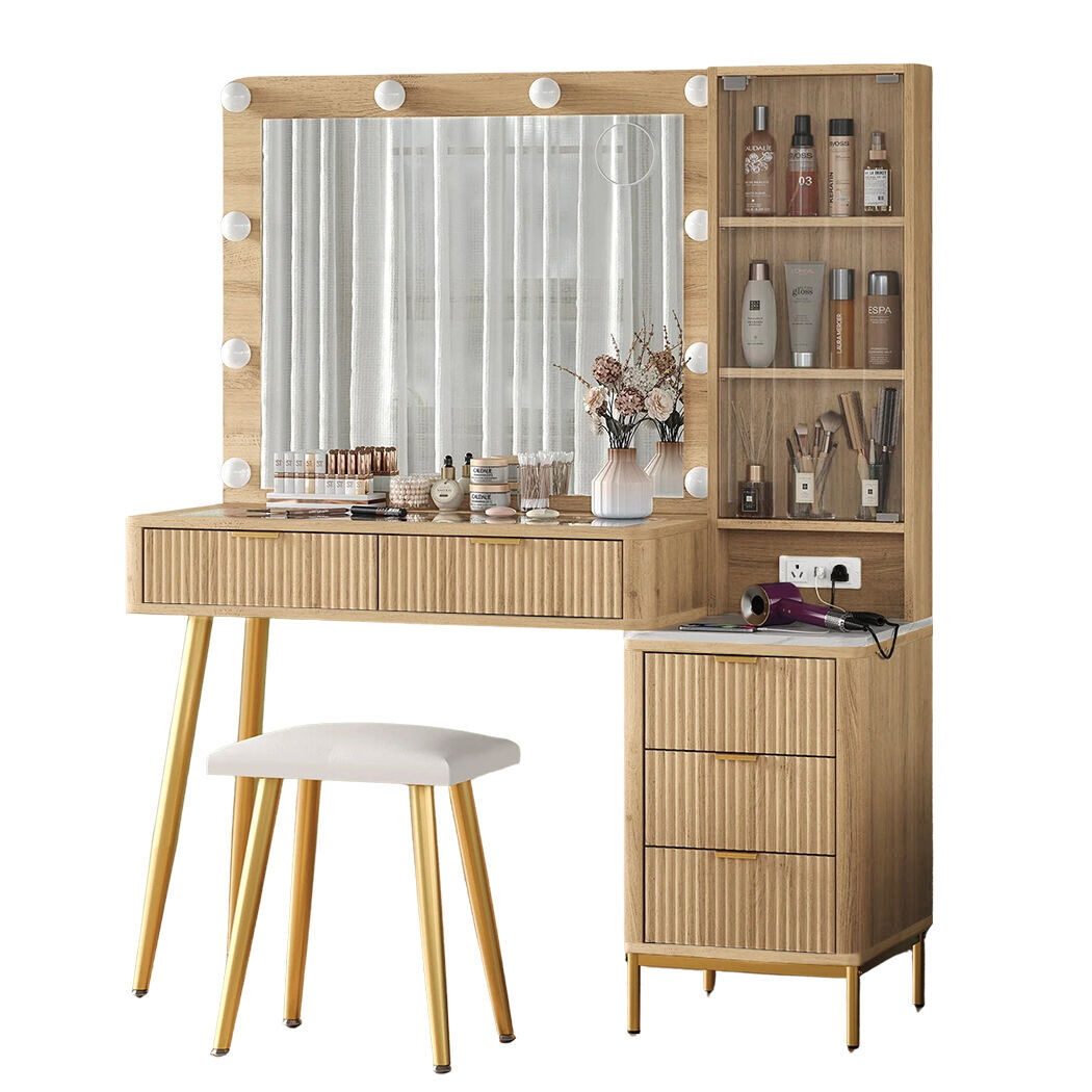 Verto Modern Wood Dressing Table with LED Bulb Mirror & Stool Set