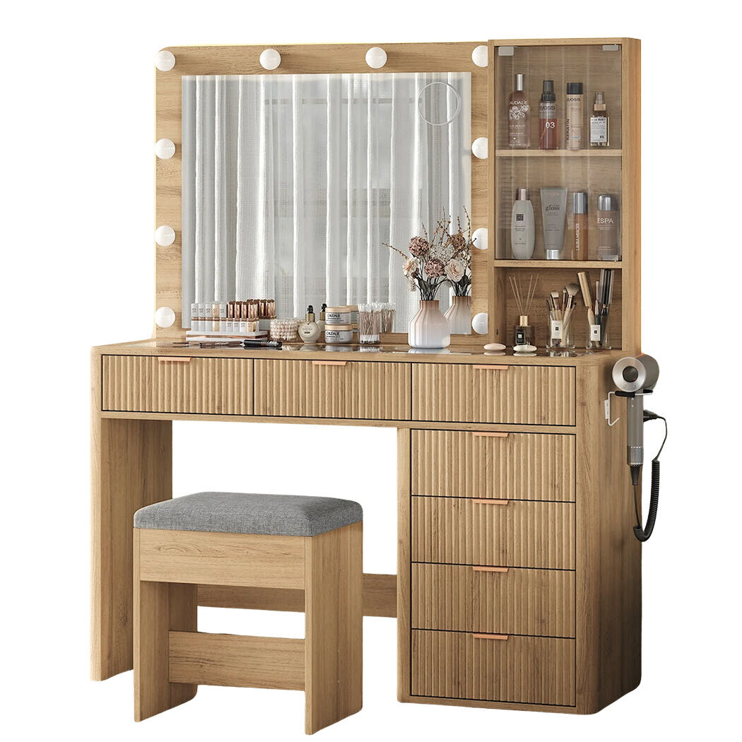 Linea Wood Dressing Table with LED Bulb Mirror & Stool Set