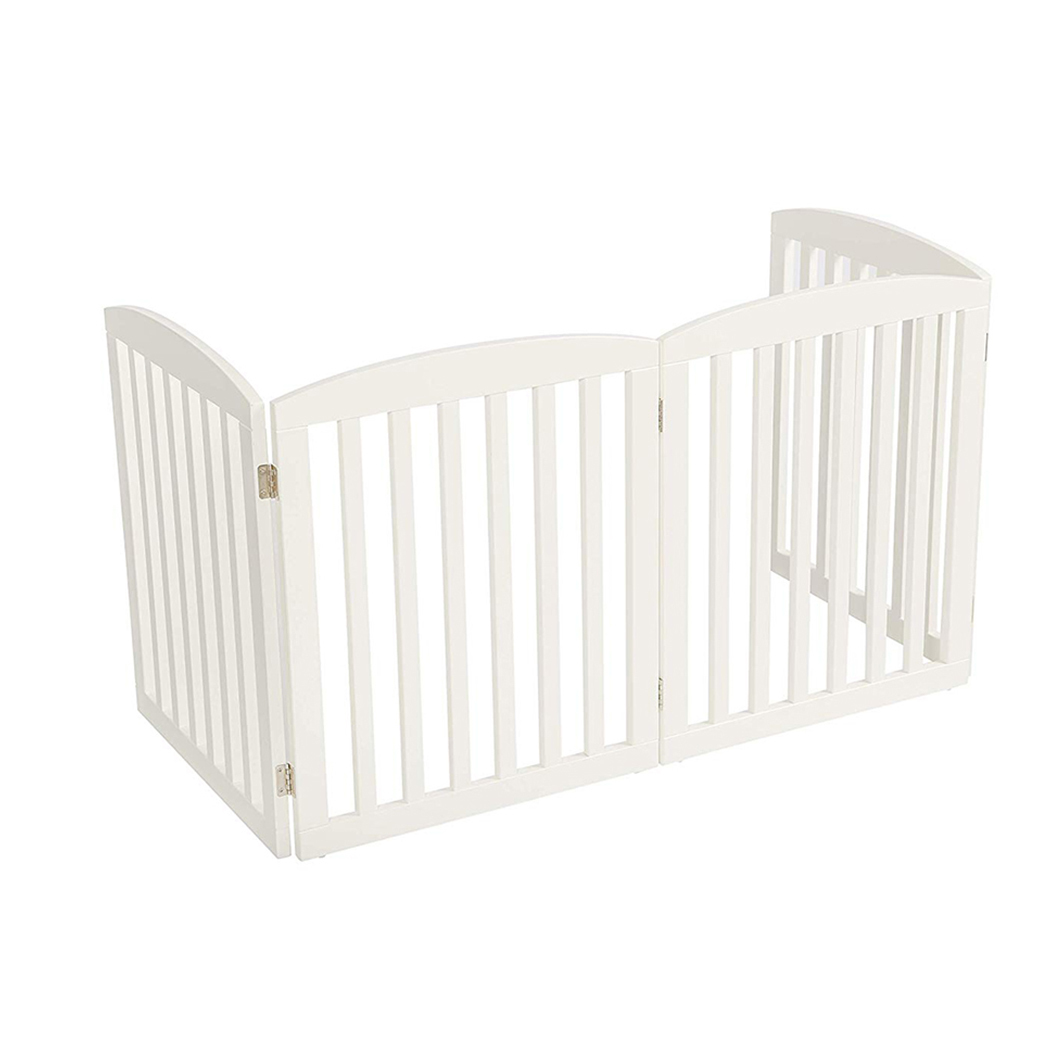 Freestanding Wooden Pet Gate 4 Panel Foldable Fence White