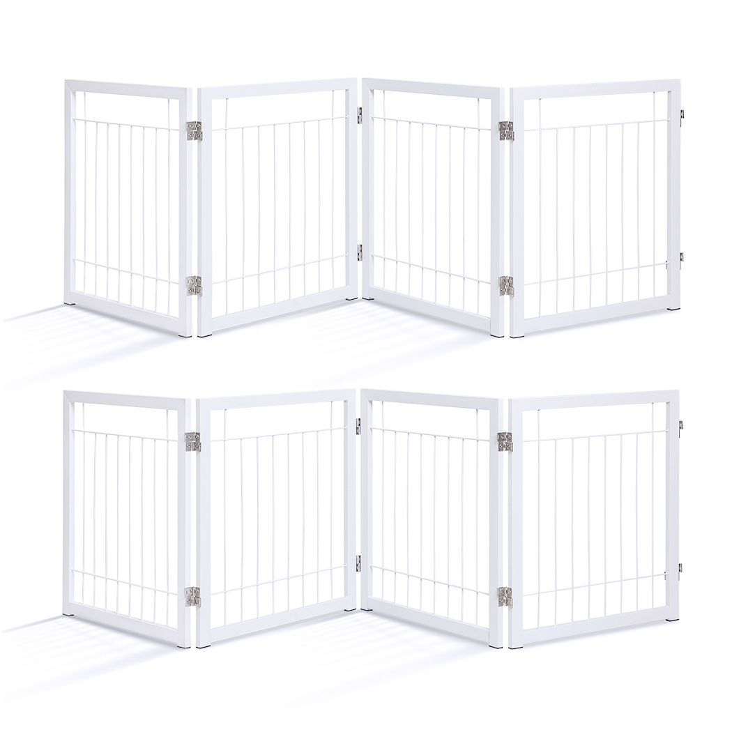 Set of 2 Freestanding Metal Pet Gate 4 Panel Foldable Fence White