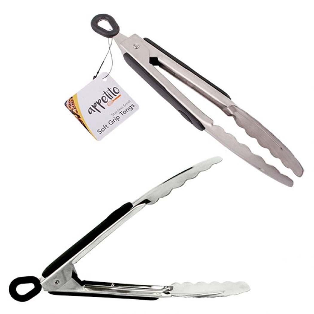 Appetito Heavy Duty Stainless Steel 20cm Tongs with Rubber Grip and Locking Ring 