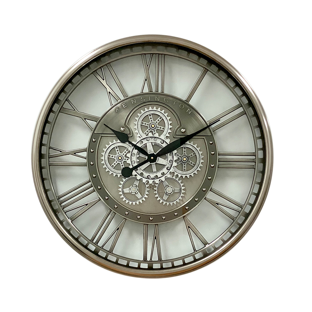 Round Industrial Silver Wash Iron Moving Gears Wall Clock 70cm