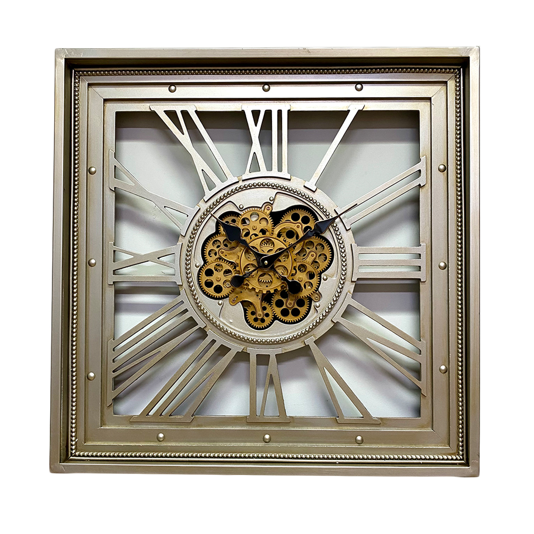 Metal Extra Large Square Moving Gears Wall Clock Silver 80cm