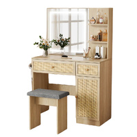 Luna Natural Rattan Dressing Table with LED Mirror & Stool Set