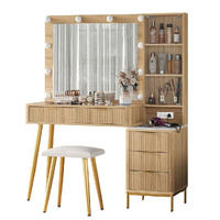 Verto Modern Wood Dressing Table with LED Bulb Mirror & Stool Set