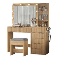 Linea Wood Dressing Table with LED Bulb Mirror & Stool Set