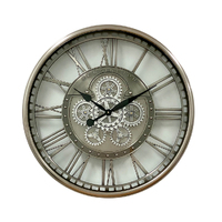 Round Industrial Silver Wash Iron Moving Gears Wall Clock 70cm