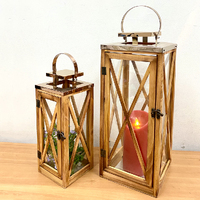 Timber & Metal Candle Holder Lantern Set 