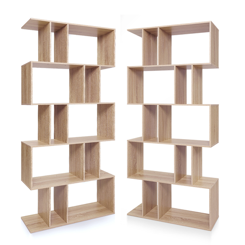 Set of 2 Kian 5 Tier Display Shelf Bookshelf Unit Oak