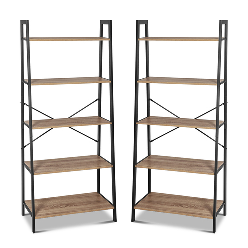 Set of 2 Rome Industrial Style 5 Tier Ladder Shelf Oak