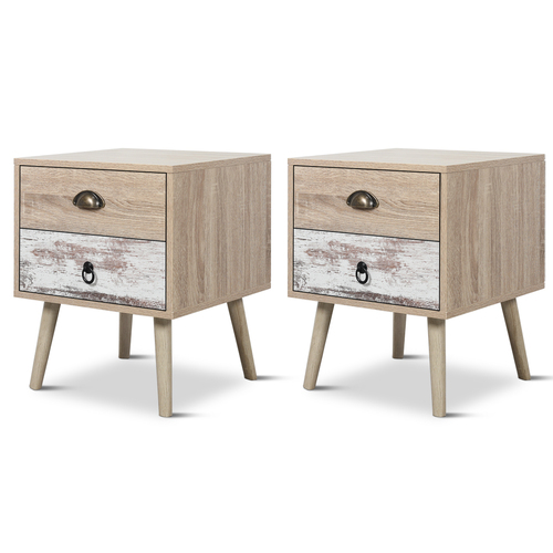 Set of 2 Luka 2 Drawer Bedside Table White Washed and Oak