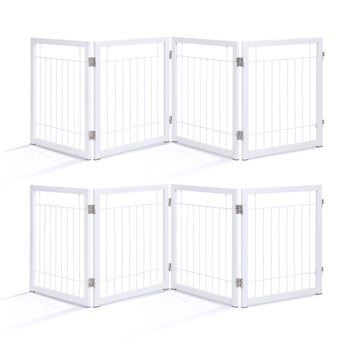 Set of 2 Freestanding Metal Pet Gate 4 Panel Foldable Fence White