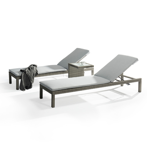 Arthur Outdoor Rattan Sun Lounges Set w/ Side Tables Grey (Set of 2)