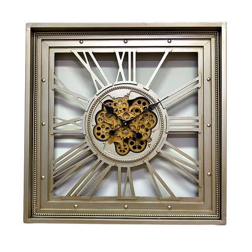 Metal Extra Large Square Moving Gears Wall Clock Silver 80cm