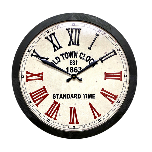 Old Town Stamped Metal Dial Wood Frame Wall Clock 60cm