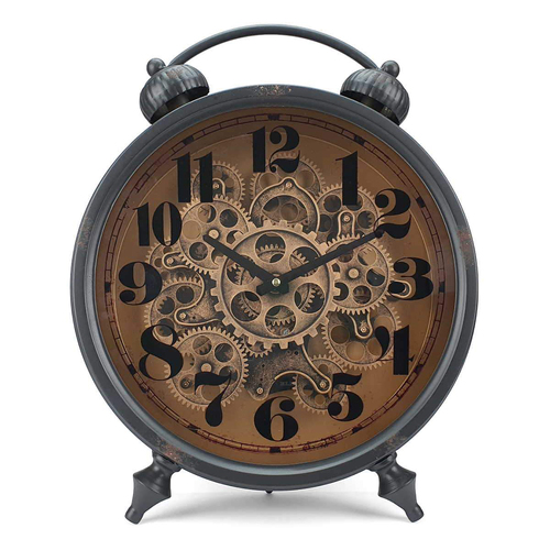 Large Retro Metal Rotating Gear Table Clock with Twin Bells 47cm